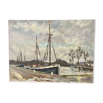 Huile sur toile attribuée à Robert Leparmentier (1893-1975) Bateaux au port