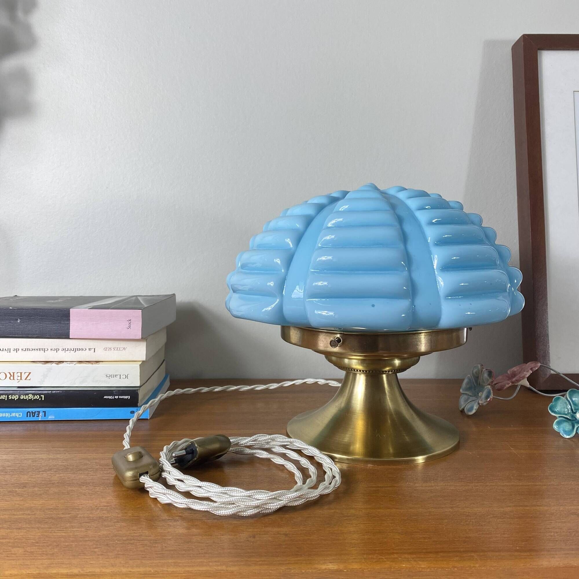 Vintage Art Deco modernist lamp with blue opaline glass and brass.