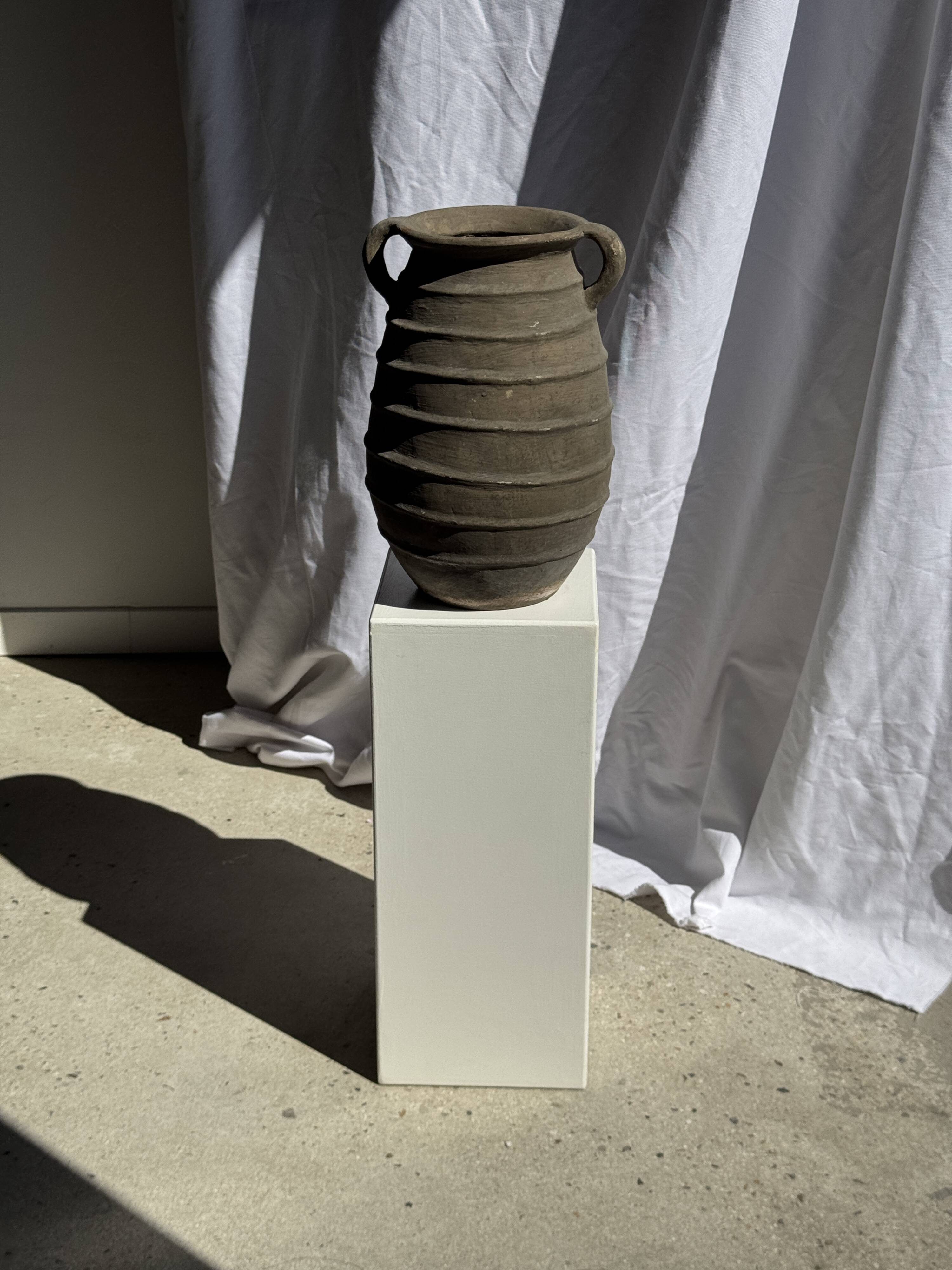 Large oval vase with double handles, featuring raised grey-beige stripes, H42 D28.