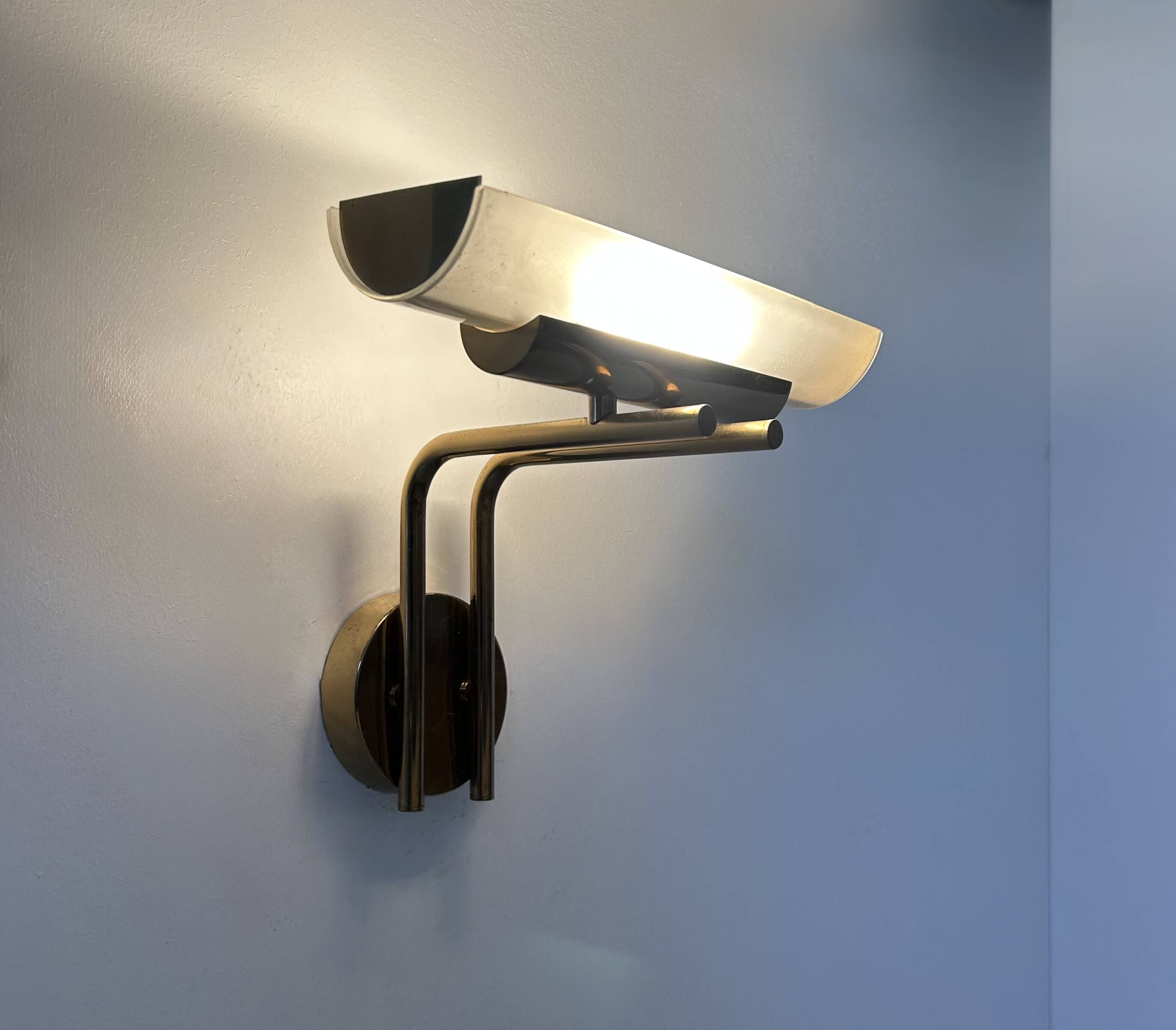 Vintage wall lamp, brass and sandblasted glass, France, 1970