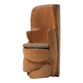 Unique sculptural throne chair in wood, France 1970s