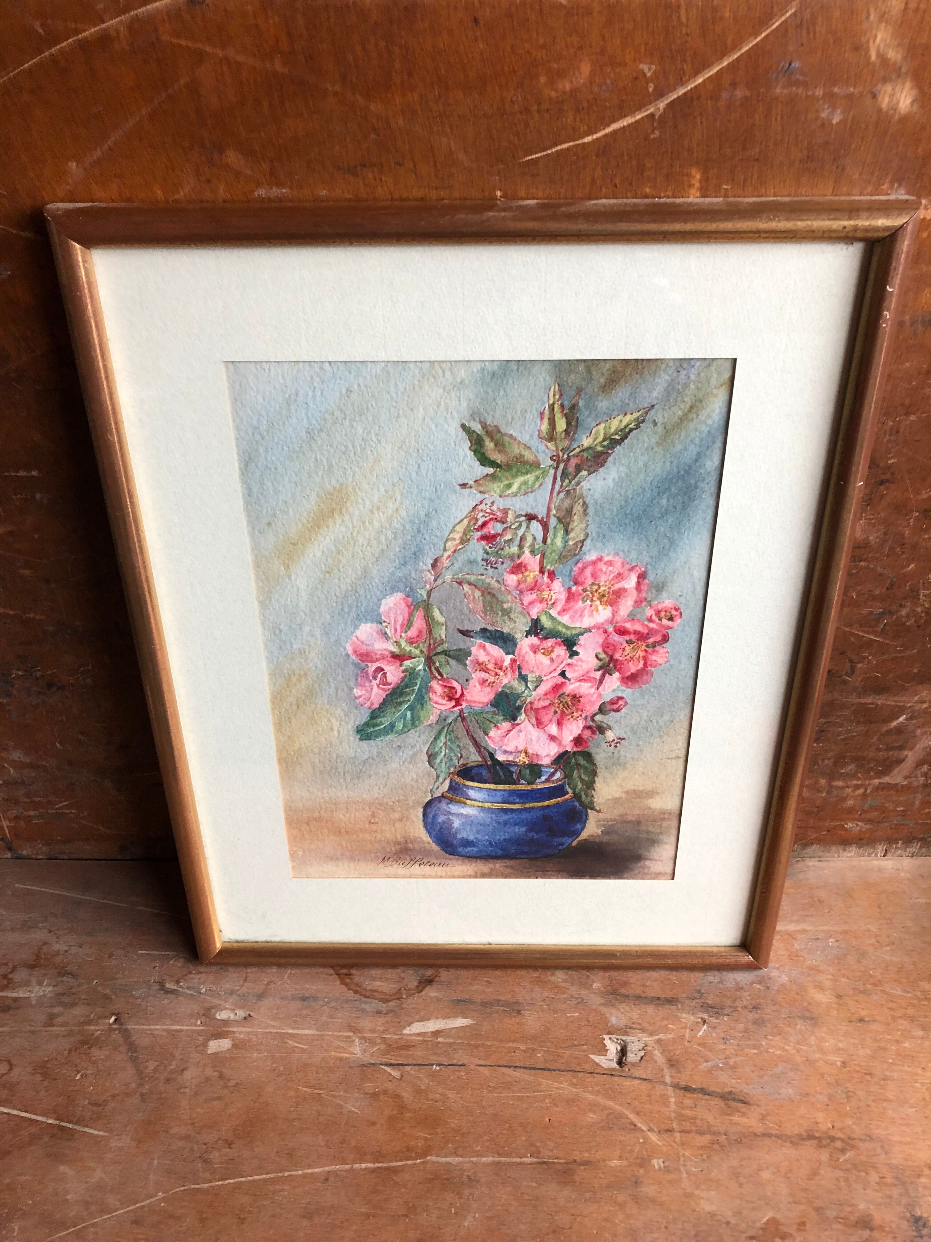 Watercolor painting m. buffeteau bouquet flowers signed & frame gilded wood vintage