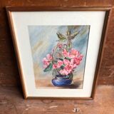 Tableau aquarelle m. buffeteau bouquet fleurs signée & cadre bois doré vintage