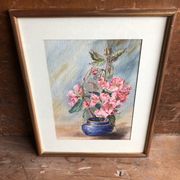 Watercolor painting m. buffeteau bouquet flowers signed & frame gilded wood vintage