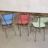 3 pink, green, blue Formica chairs