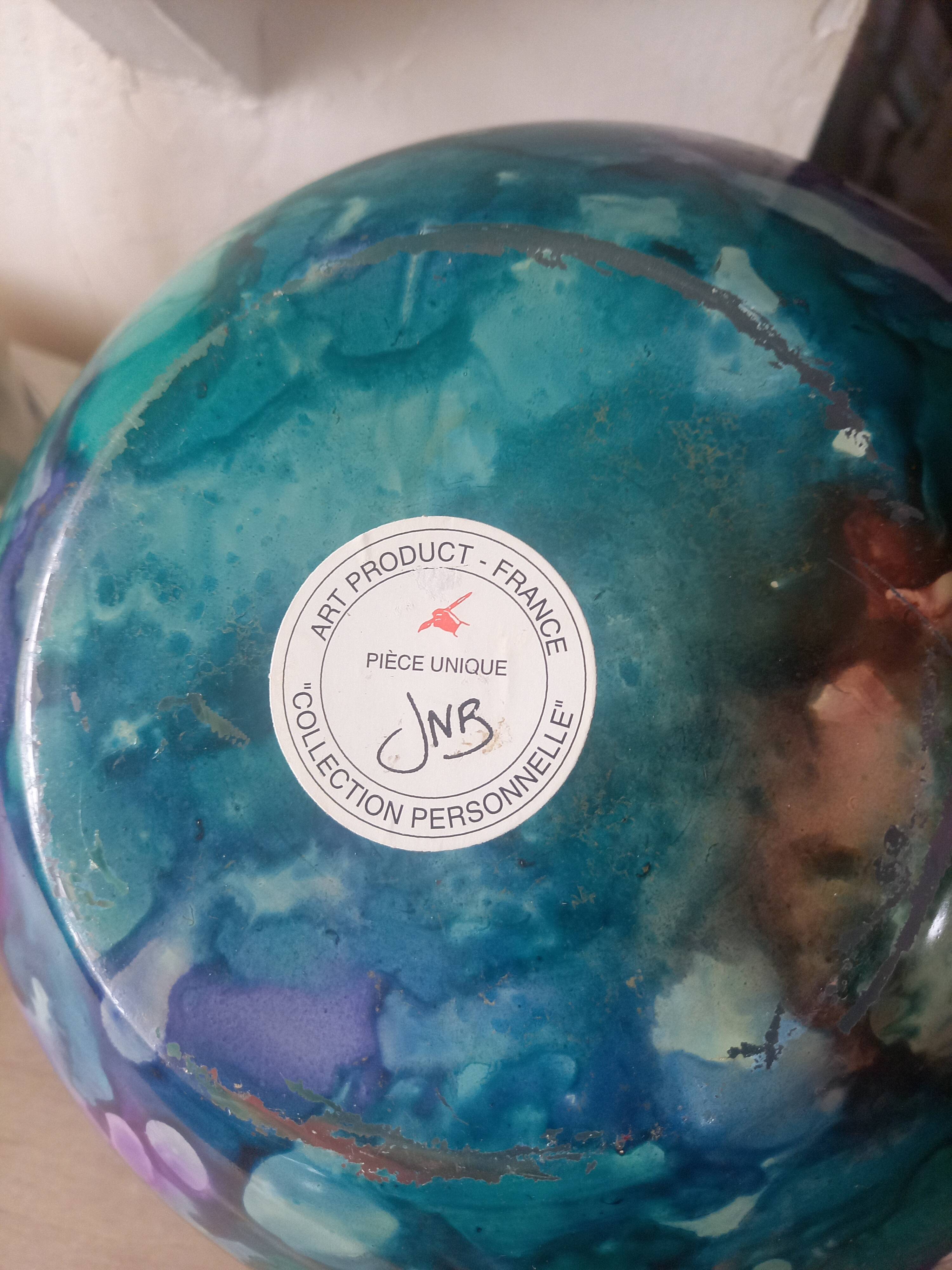 Large lacquered glass ball vase signed Jean-Noël Bouillet