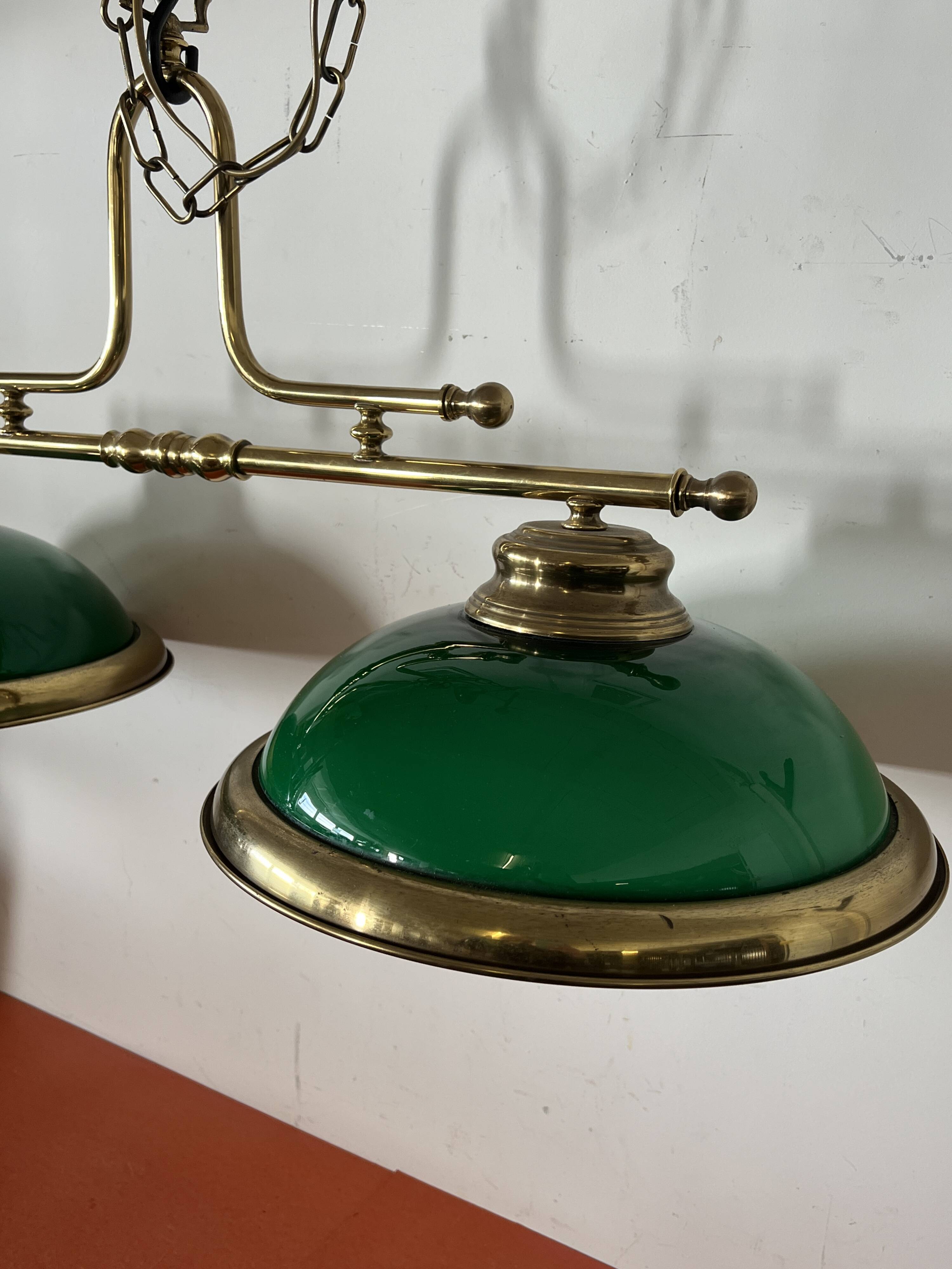 Lighting, billiard chandelier in brass and opaline