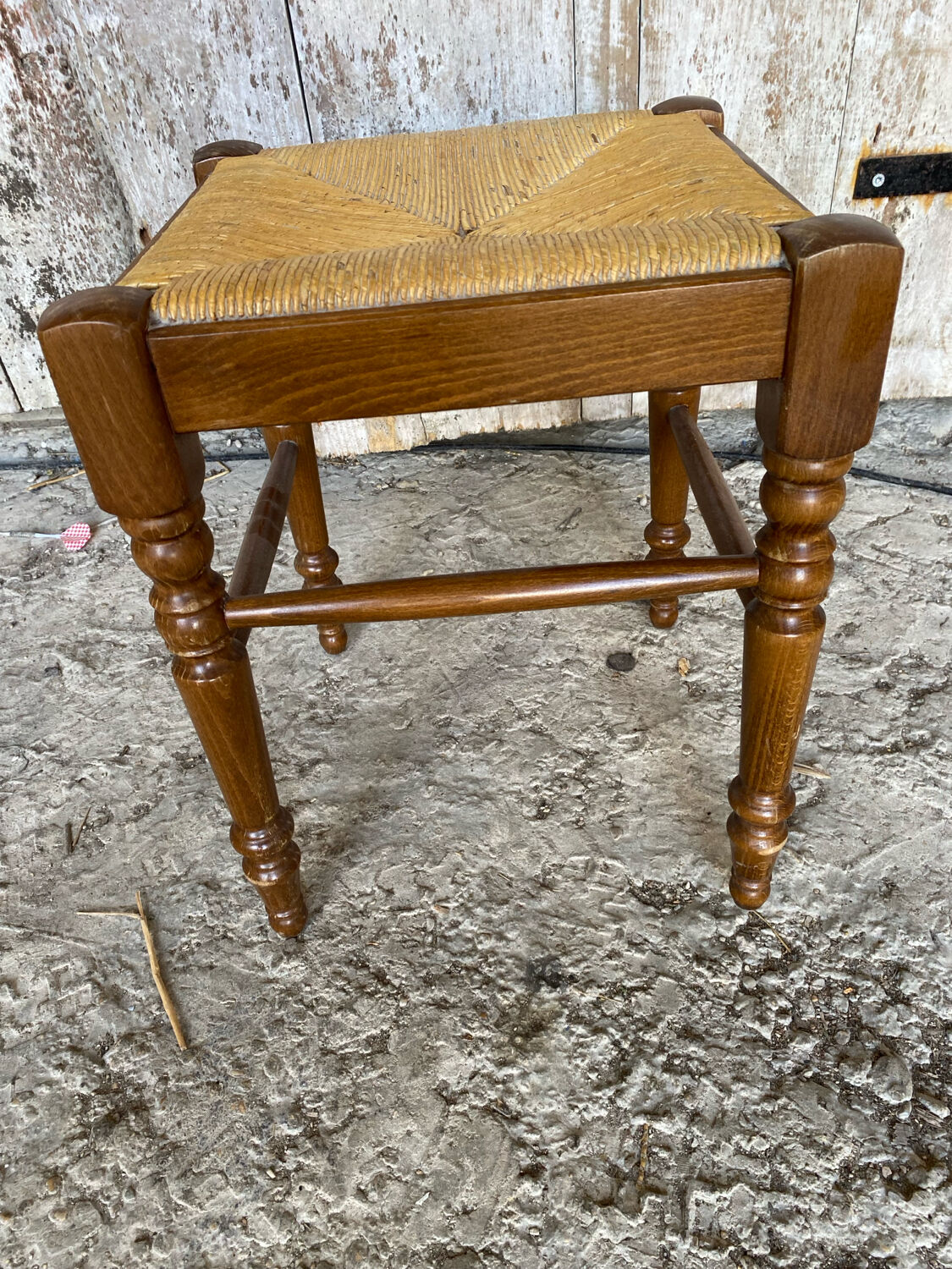 Vintage Turned Wood Stool + Woven Straw Seat #D893