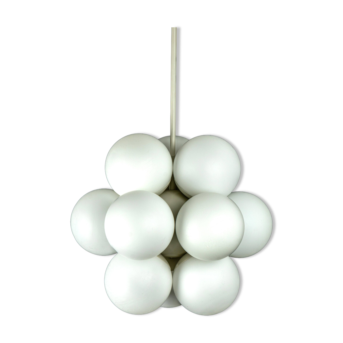 Kaiser Sputnik chandelier, molecular shape, 12 opal glasses, Germany, 1970s
