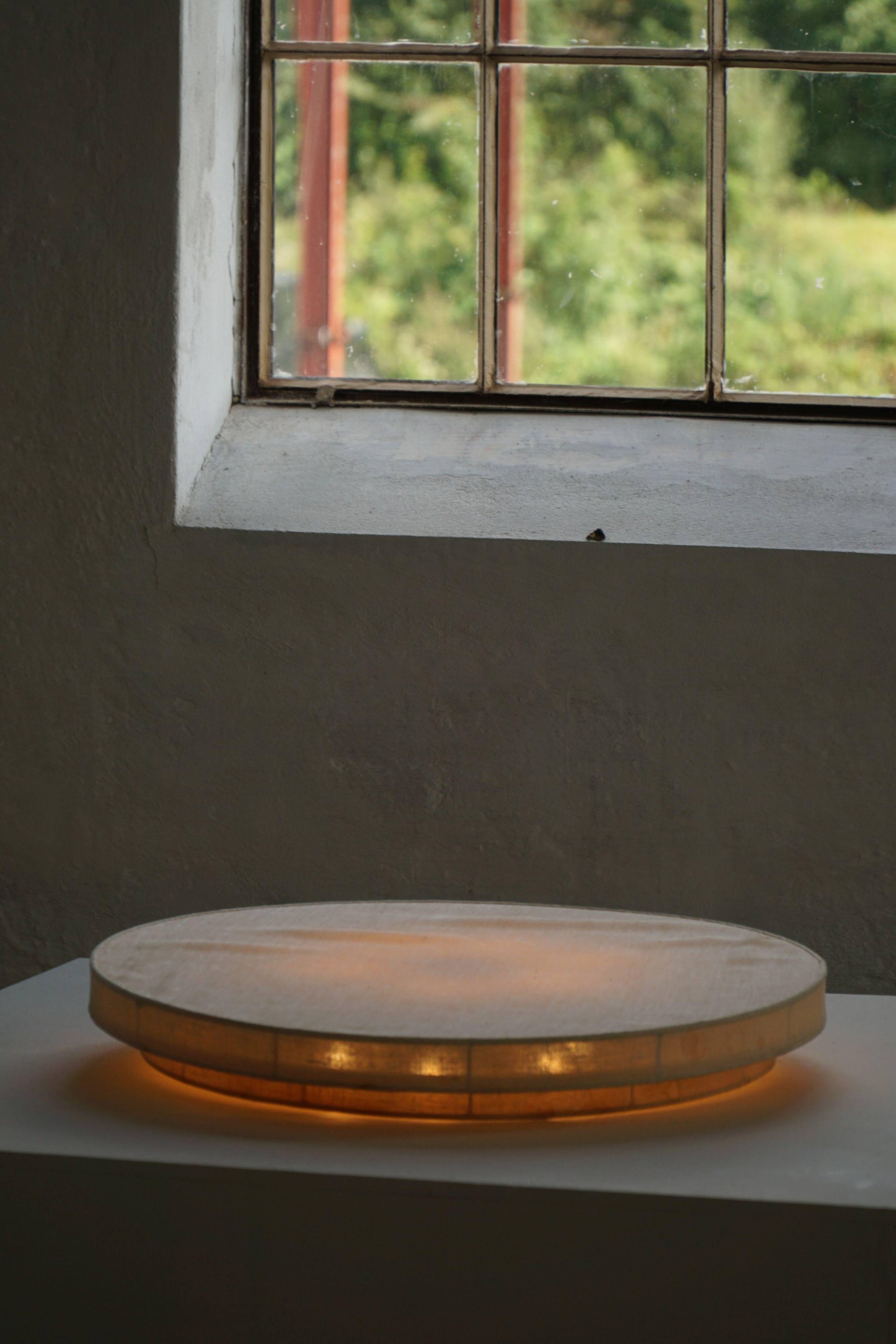 Mid-Century Modern, large round ceiling light in linen, Sweden, 1960s