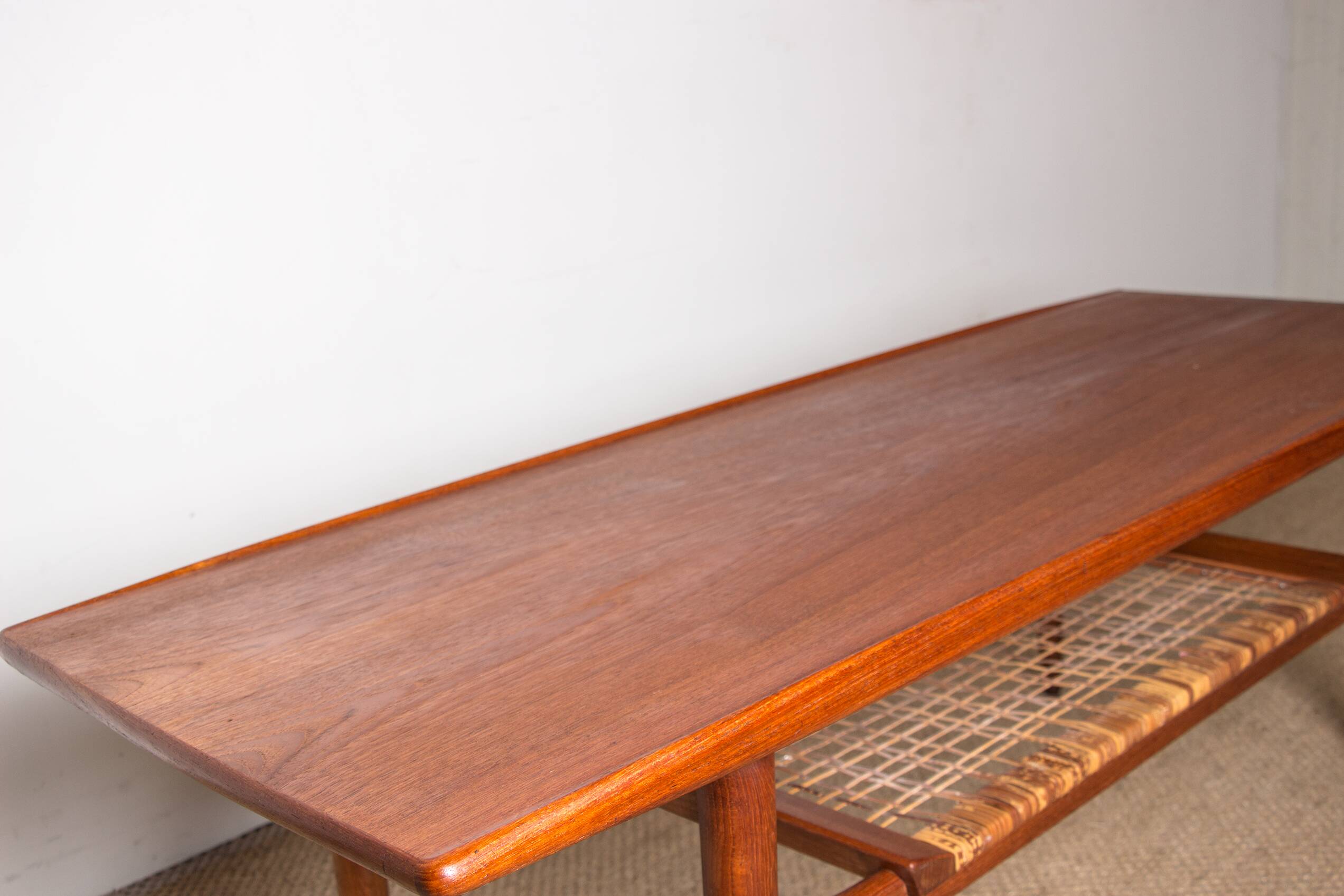 Danish coffee table in teak and rattan by KT Mobler 1960