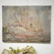 Vintage oil painting of marine cargo at the quay.