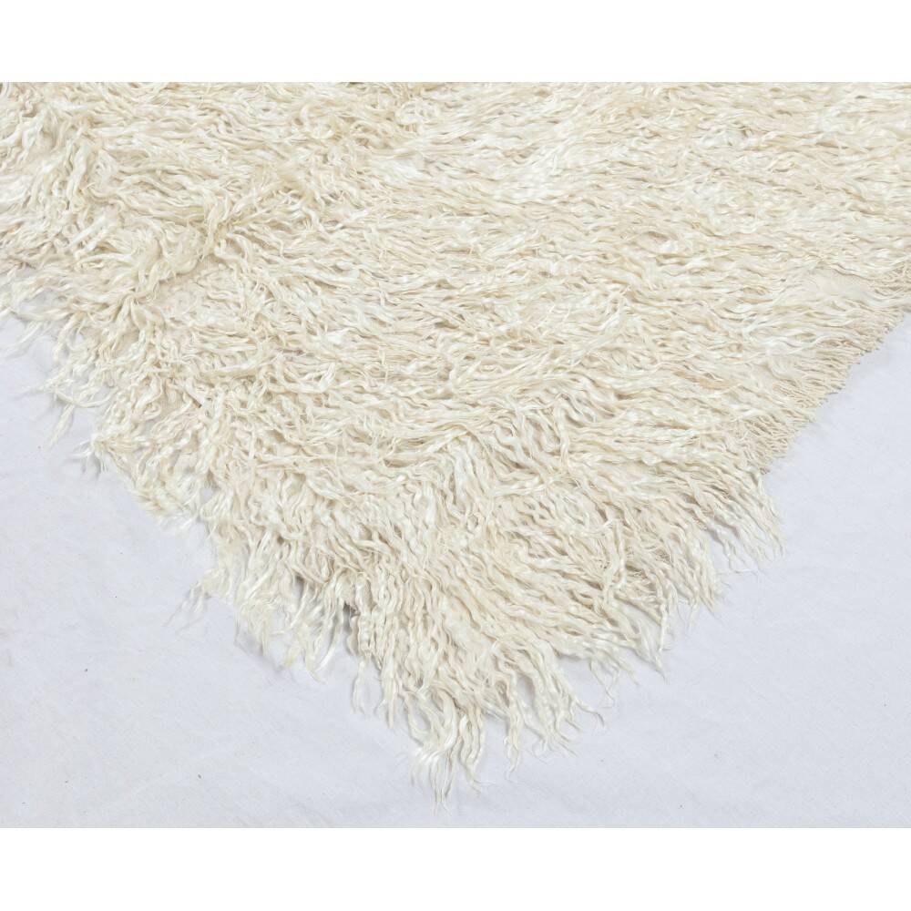 Vintage Handmade Shag Pile Rug Made of Natural Beige Mohair Wool