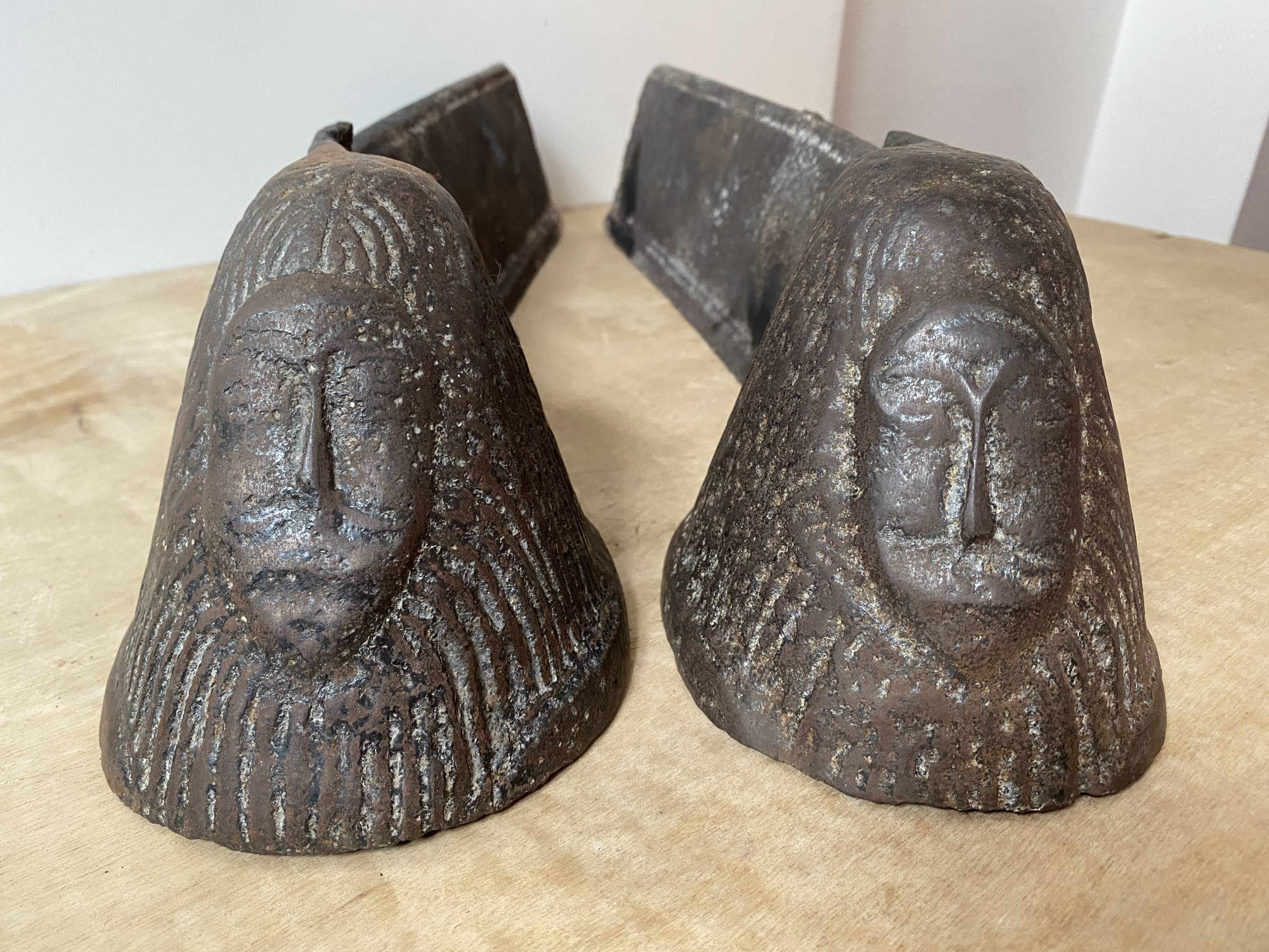 Pair of modernist anthropomorphic fireplace andirons, brutalist log holders 1950s