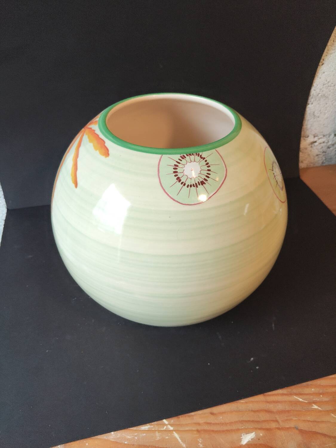 Lunéville France round vase – kiwi & leaf decoration – soft green vintage