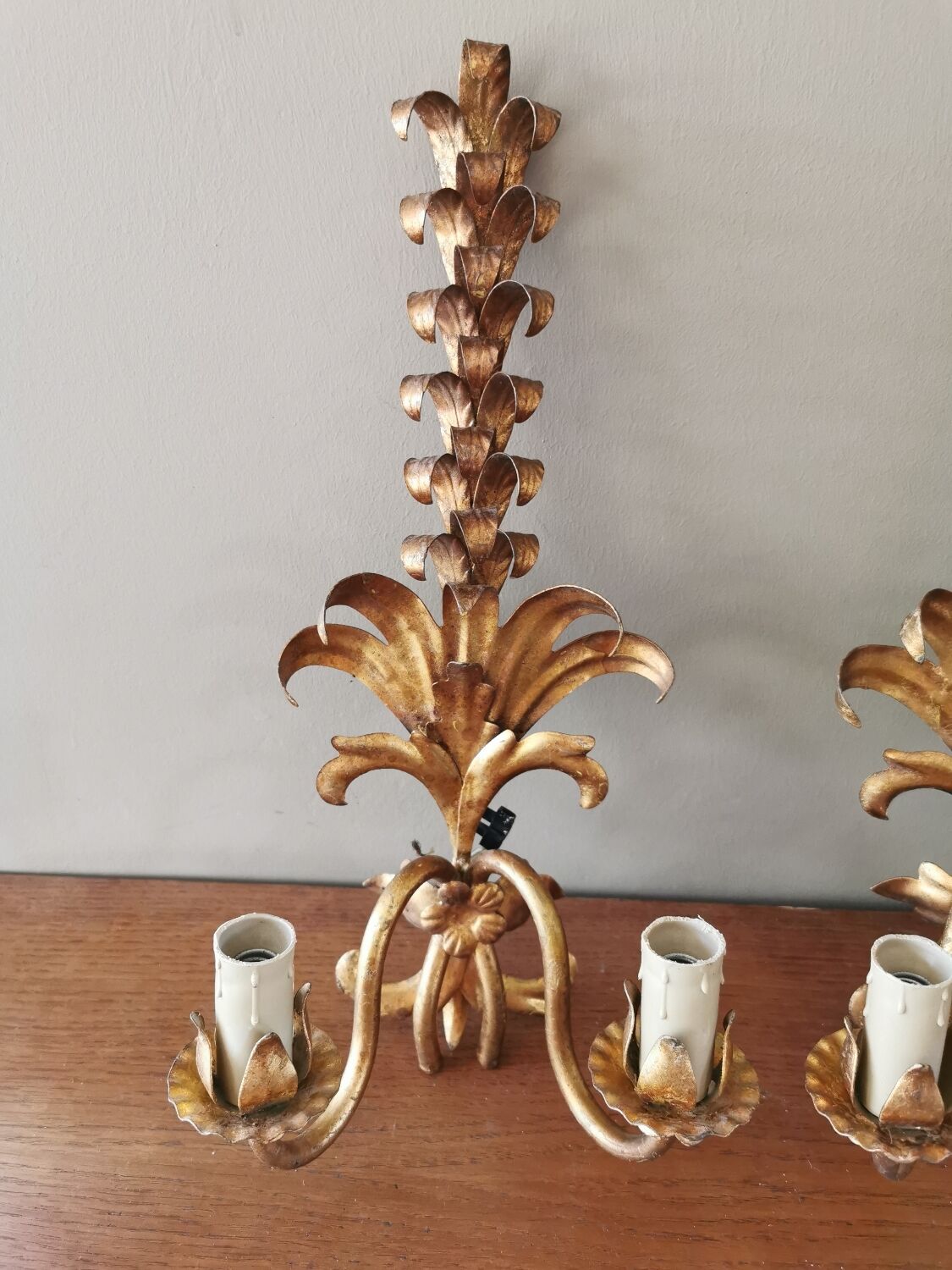 Pair of vintage 70s wall lights in gold metal