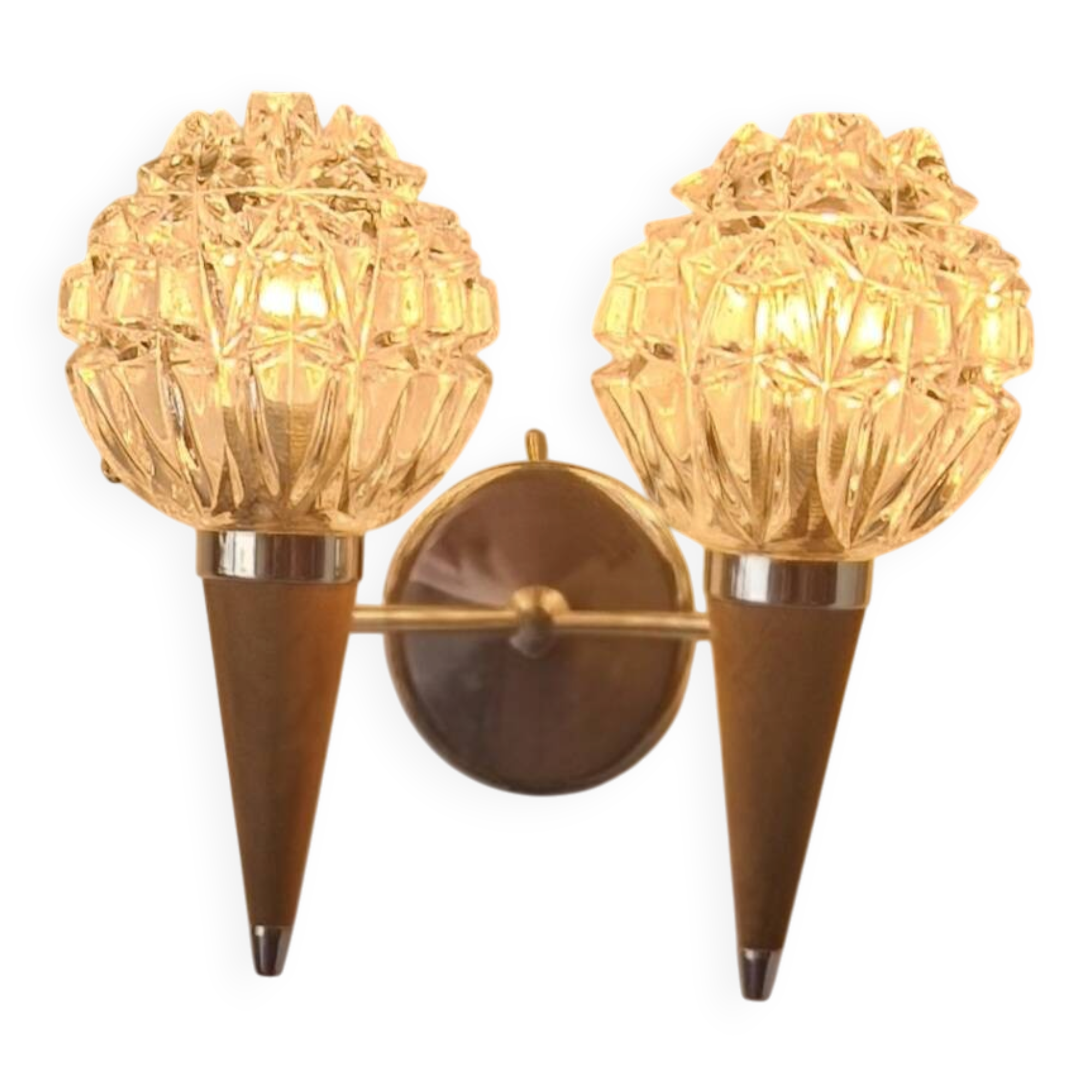 Applique murale double style scandinave - Verre moulé et teck - 1960
