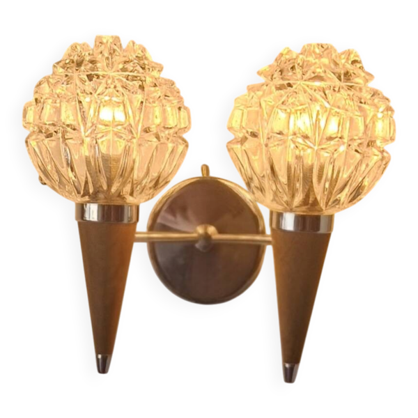 Applique murale double style scandinave - Verre moulé et teck - 1960