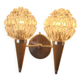 Double wall lamp in Scandinavian style - moulded glass and teak - 1960