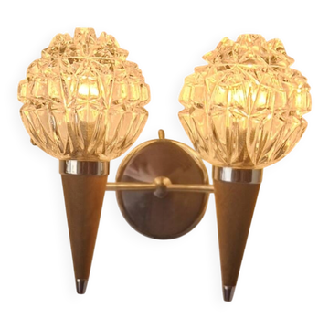 Applique murale double style scandinave - Verre moulé et teck - 1960