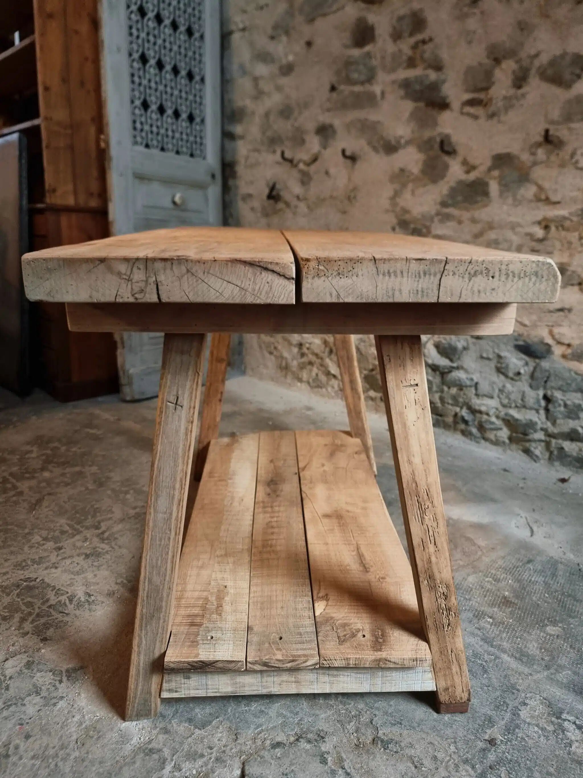 Old French work table / kitchen island / console, beech and chestnut, circa 1930–1950