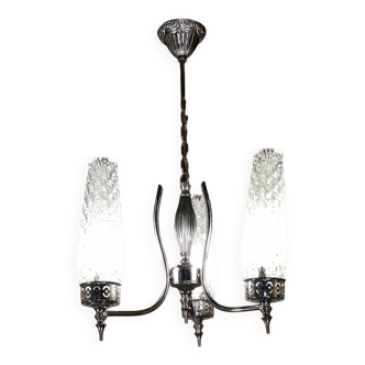 Chandelier in chrome metal 3 tulip branches in chiseled glass vintage 1960