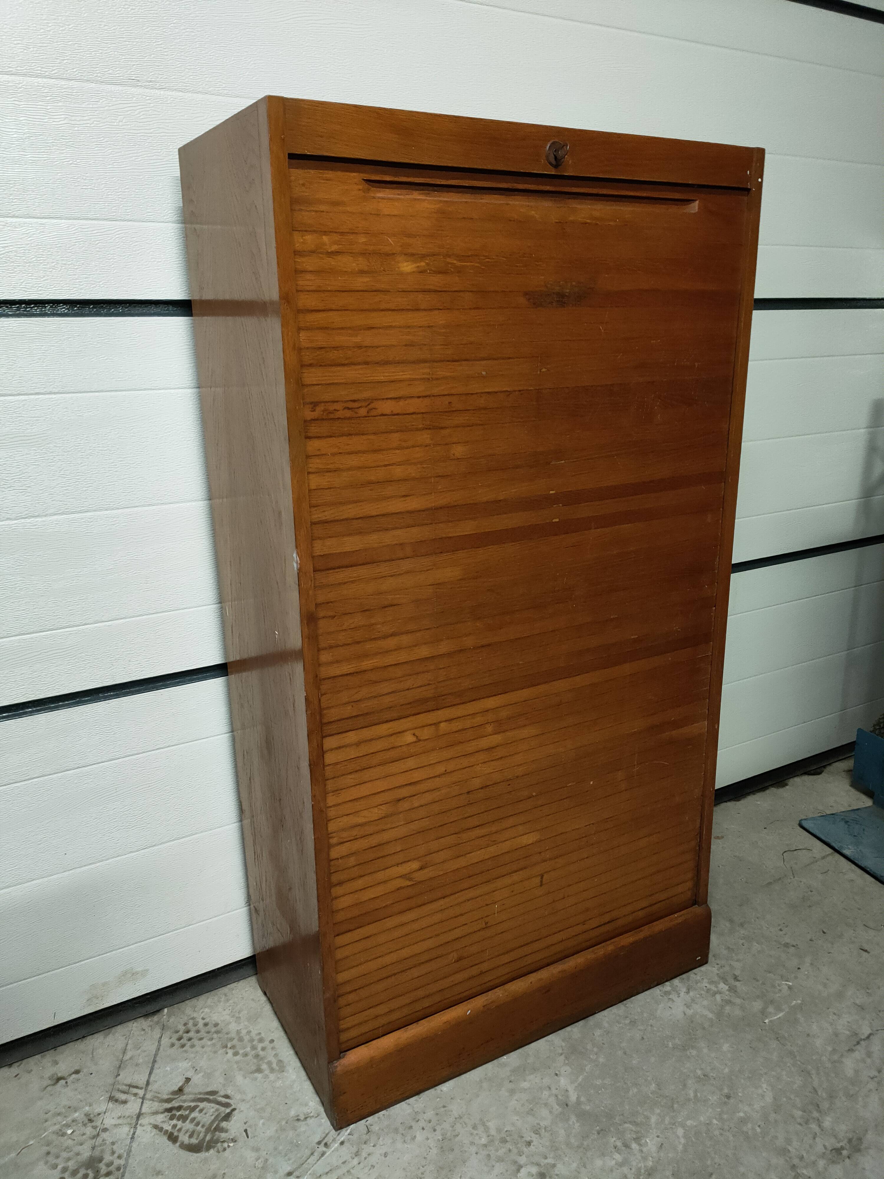 50s-60s double curtain filing cabinet in oak