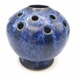 Pique-fleurs vase in enamelled stoneware with bluish running effect signed