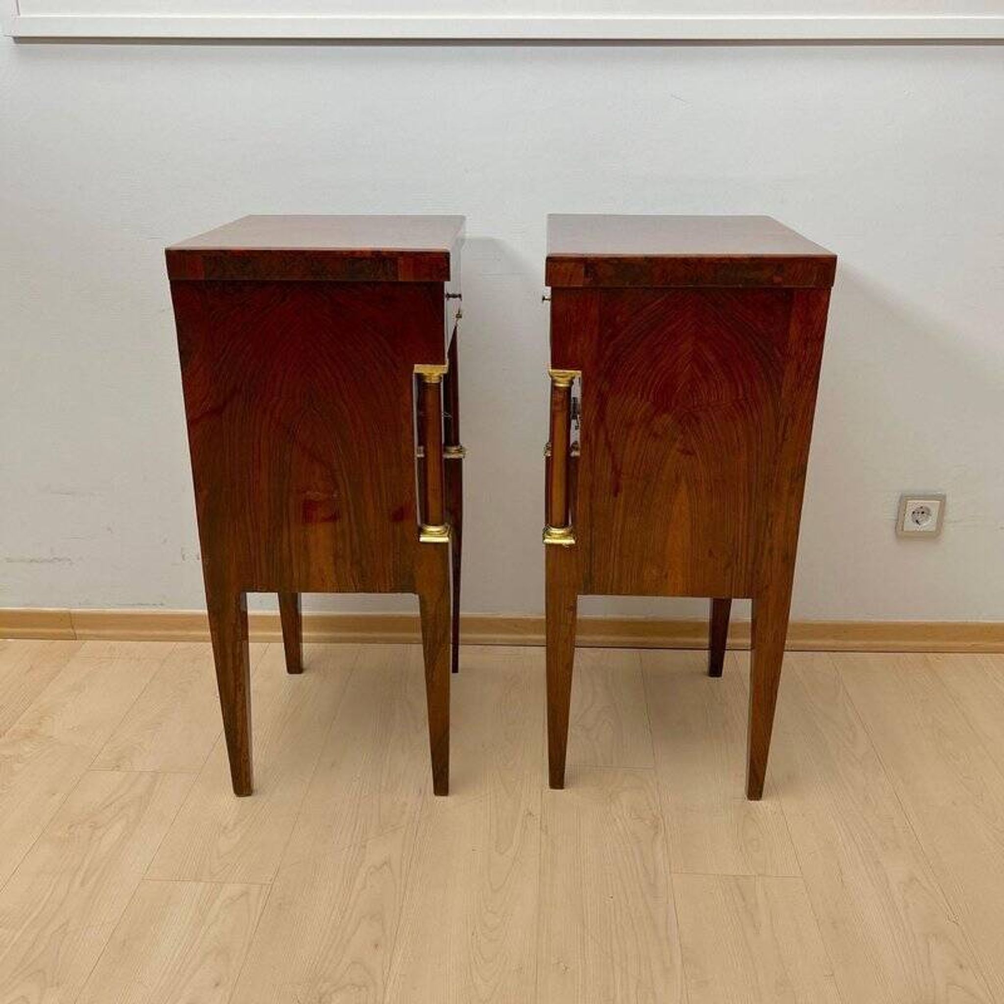 Empire Nightstands in Walnut with Full Columns in Gilt Brass, Italy, 1810, Set of 2
