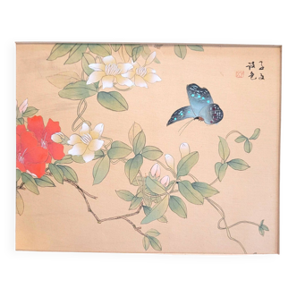 Peinture chinoise ancienne - Papillon et fleurs
