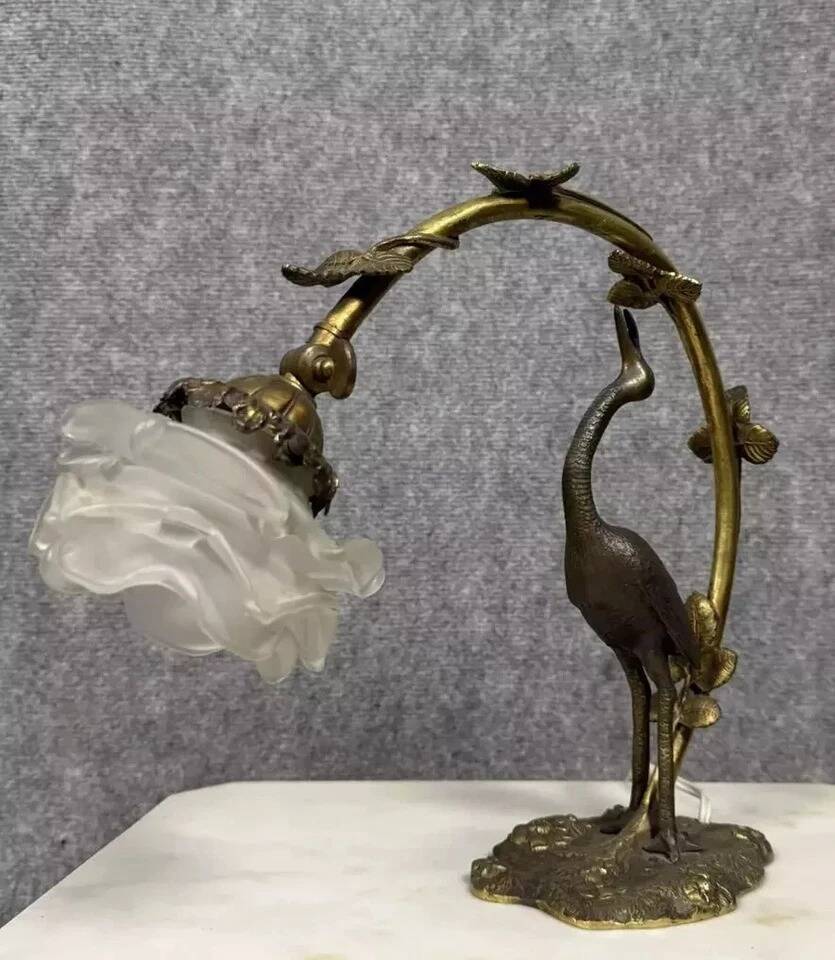 Large Art Nouveau Heron Lamp in bronze with double patina