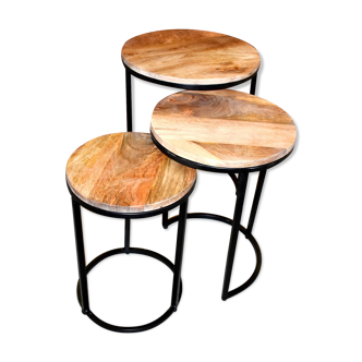 Set of 3 trundle tables made of mango wood