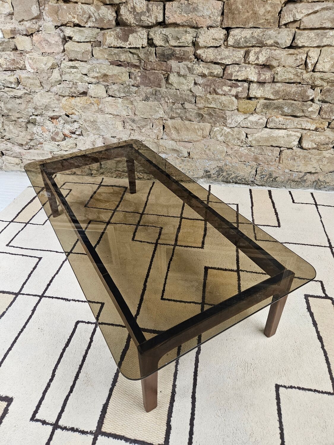 Vintage 1970s smoked glass wood coffee table