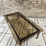 Table basse bois verre fumé vintage 1970"