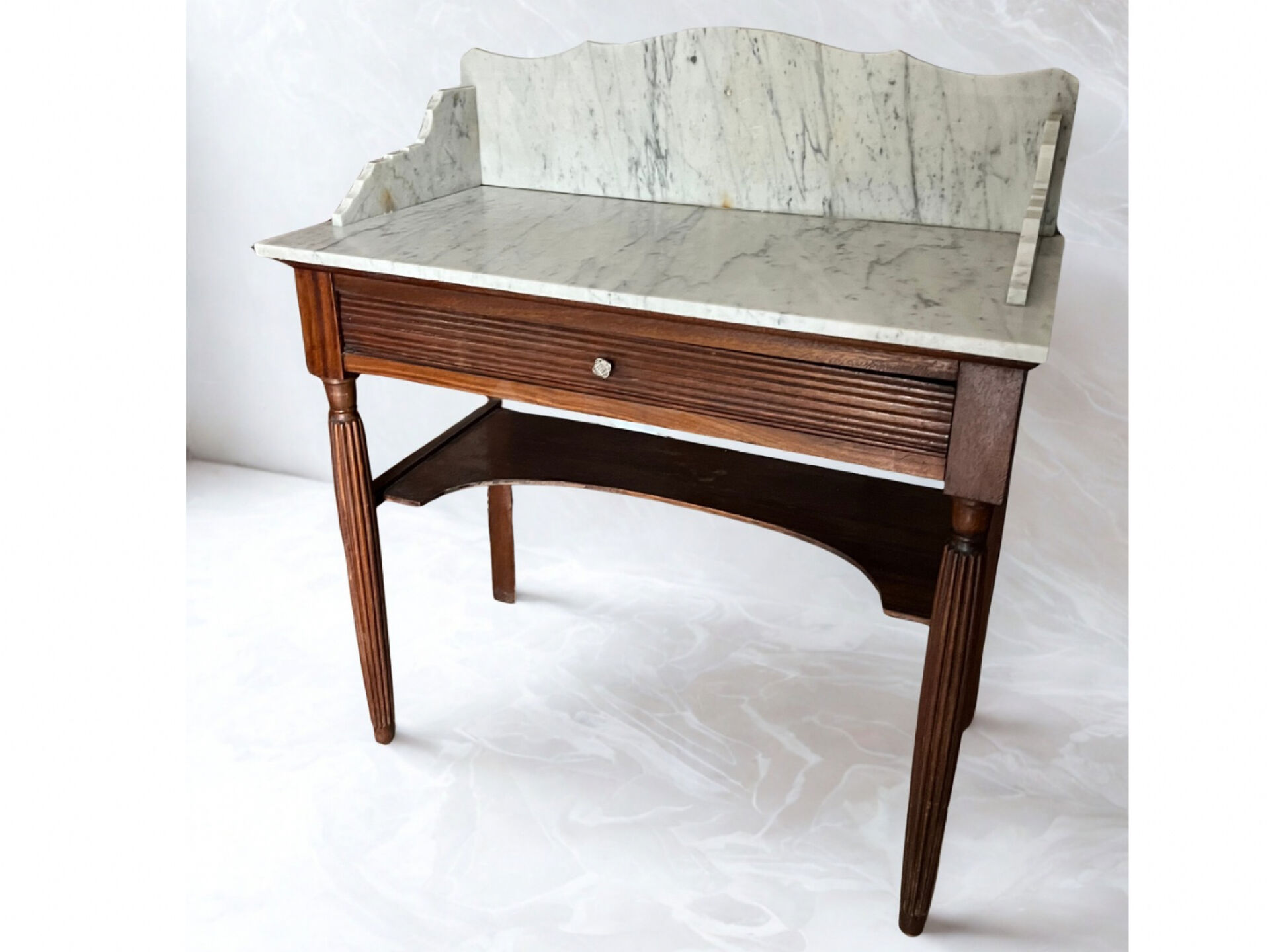 Antique wooden and veined white marble dresser, Louis XVI style.