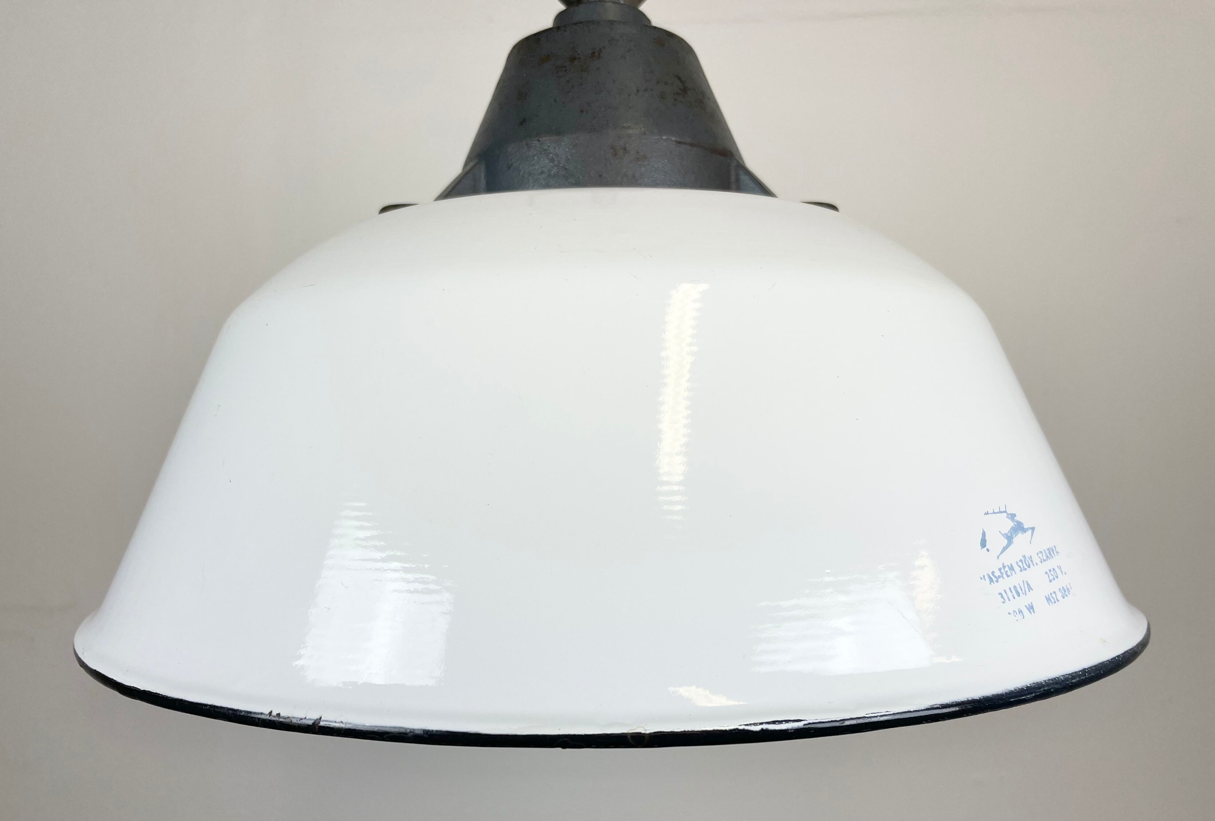 White Enamel and Cast Iron Industrial Pendant Light with Glass Cover, 1960s