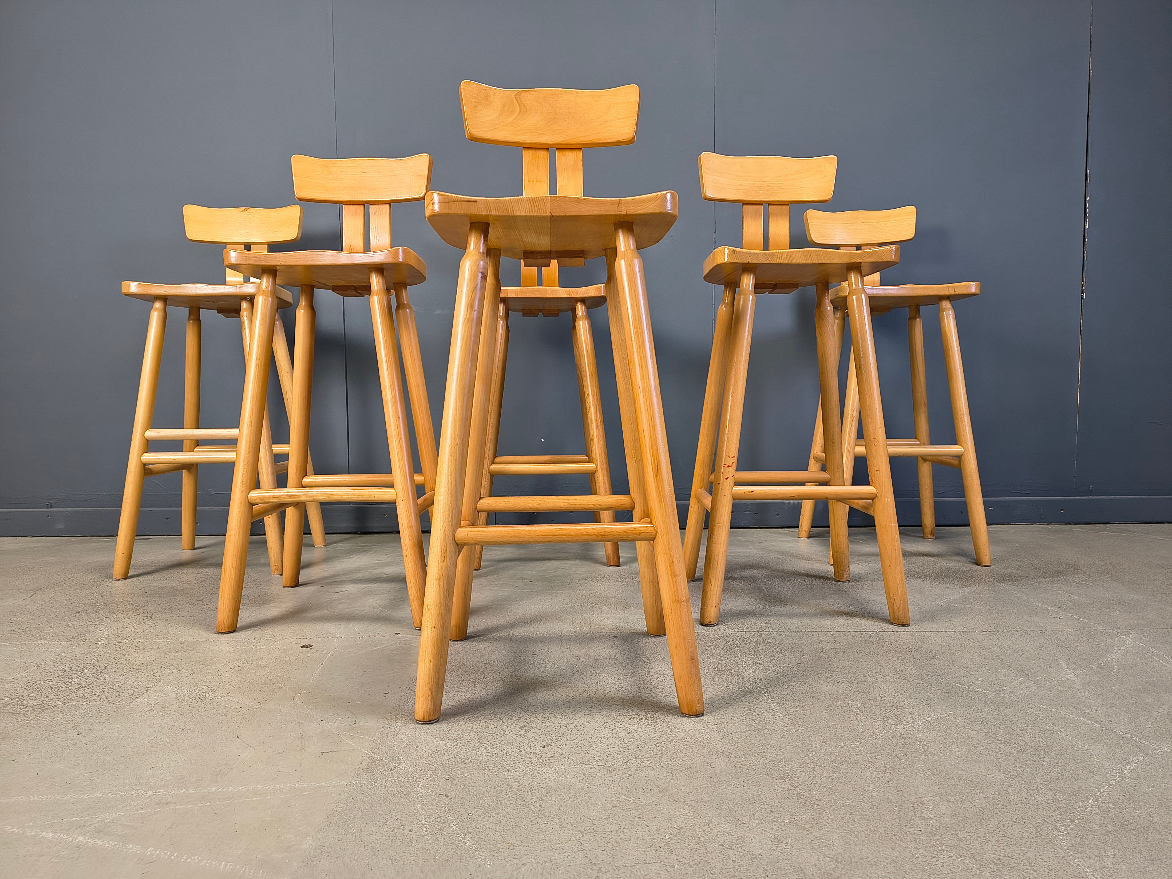 Brutalist 1960s bar stools, set of 6.