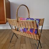 Magazine rack in rattan and black metal 70s design