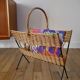 Magazine rack in rattan and black metal 70s design