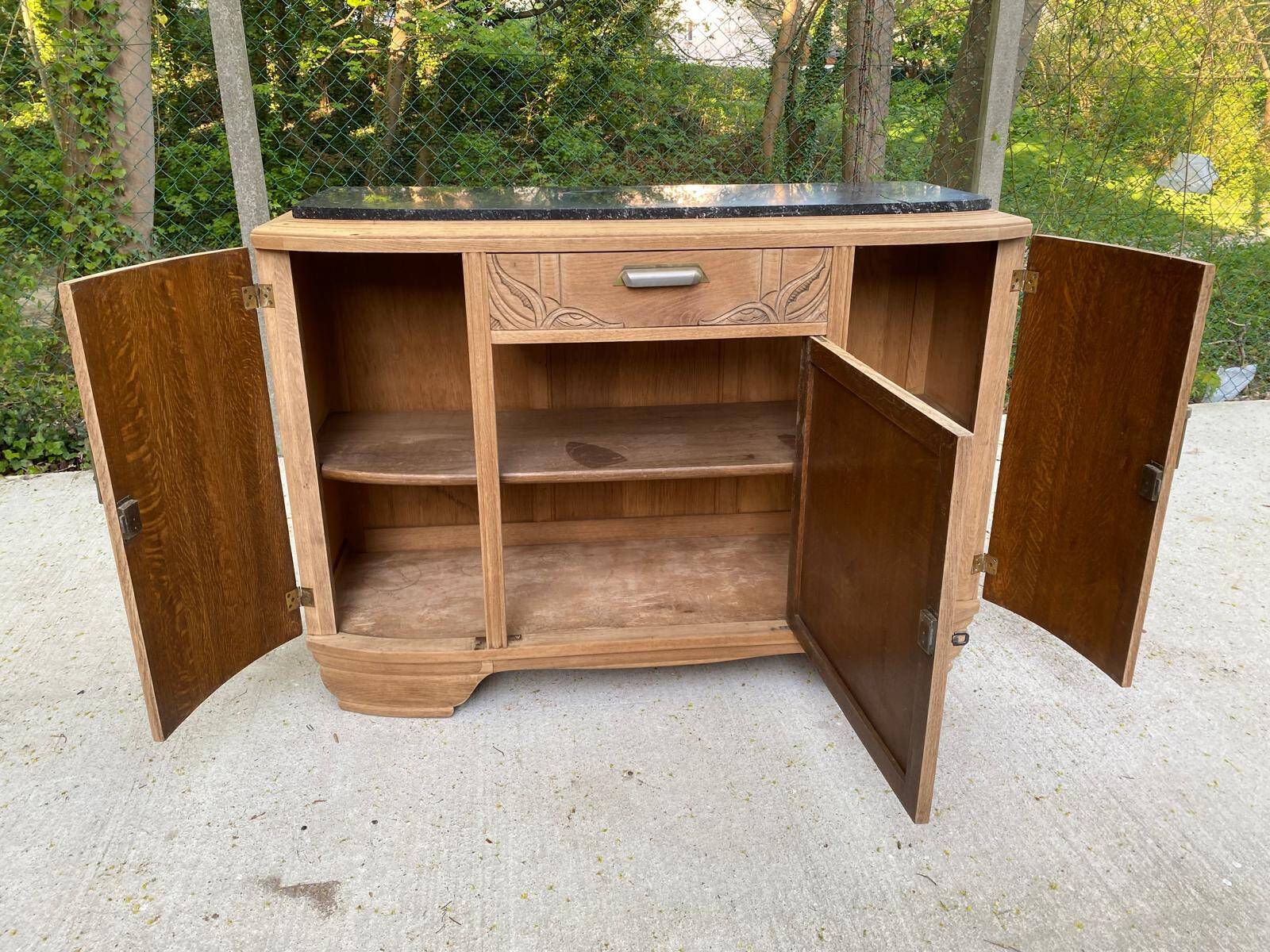Renovated vintage Parisian art deco sideboard in solid oak and marble 1930