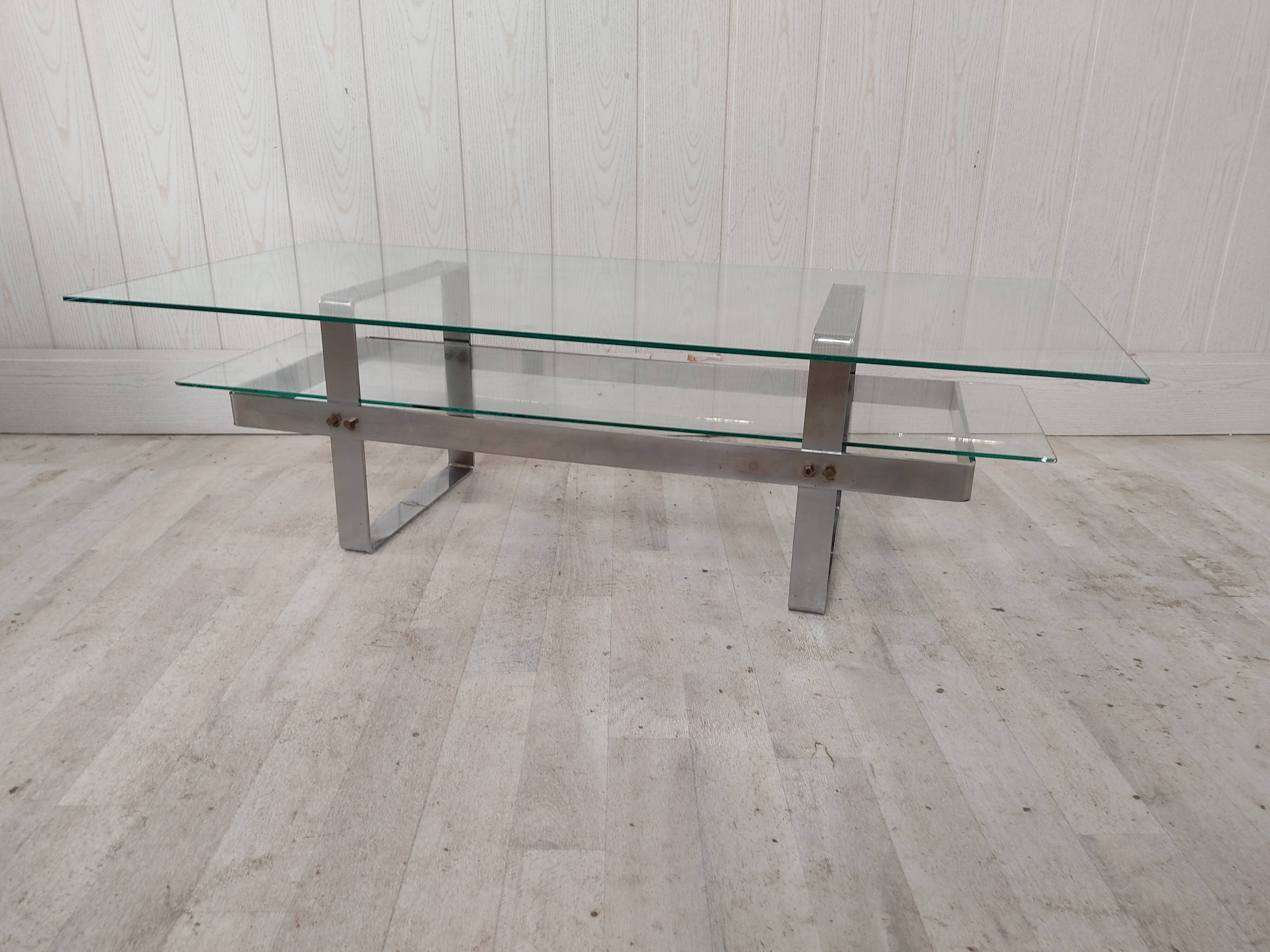 Table basse vintage acier chromé et verre