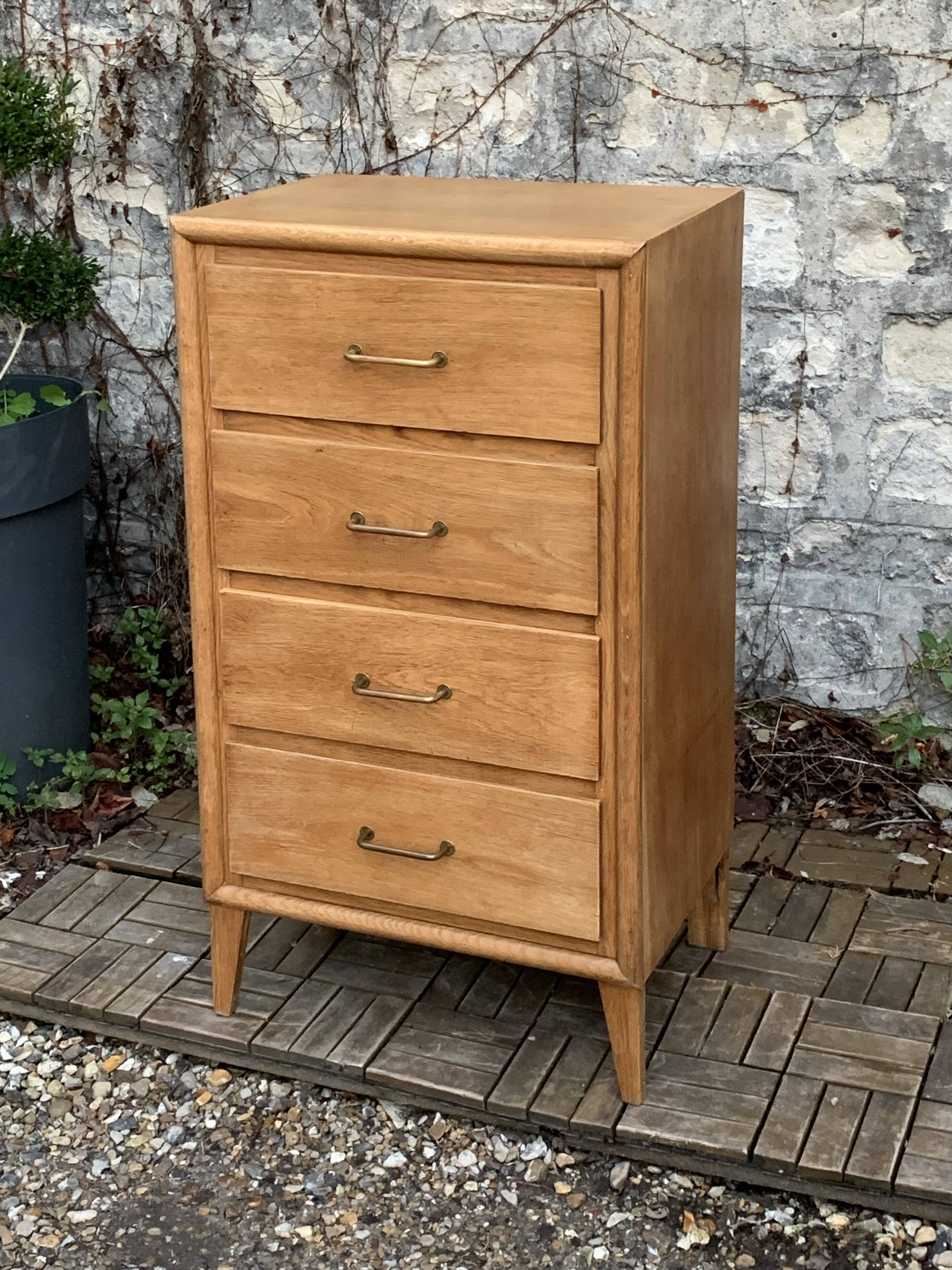Chest of drawers with compass feet, raw wood, 1950s