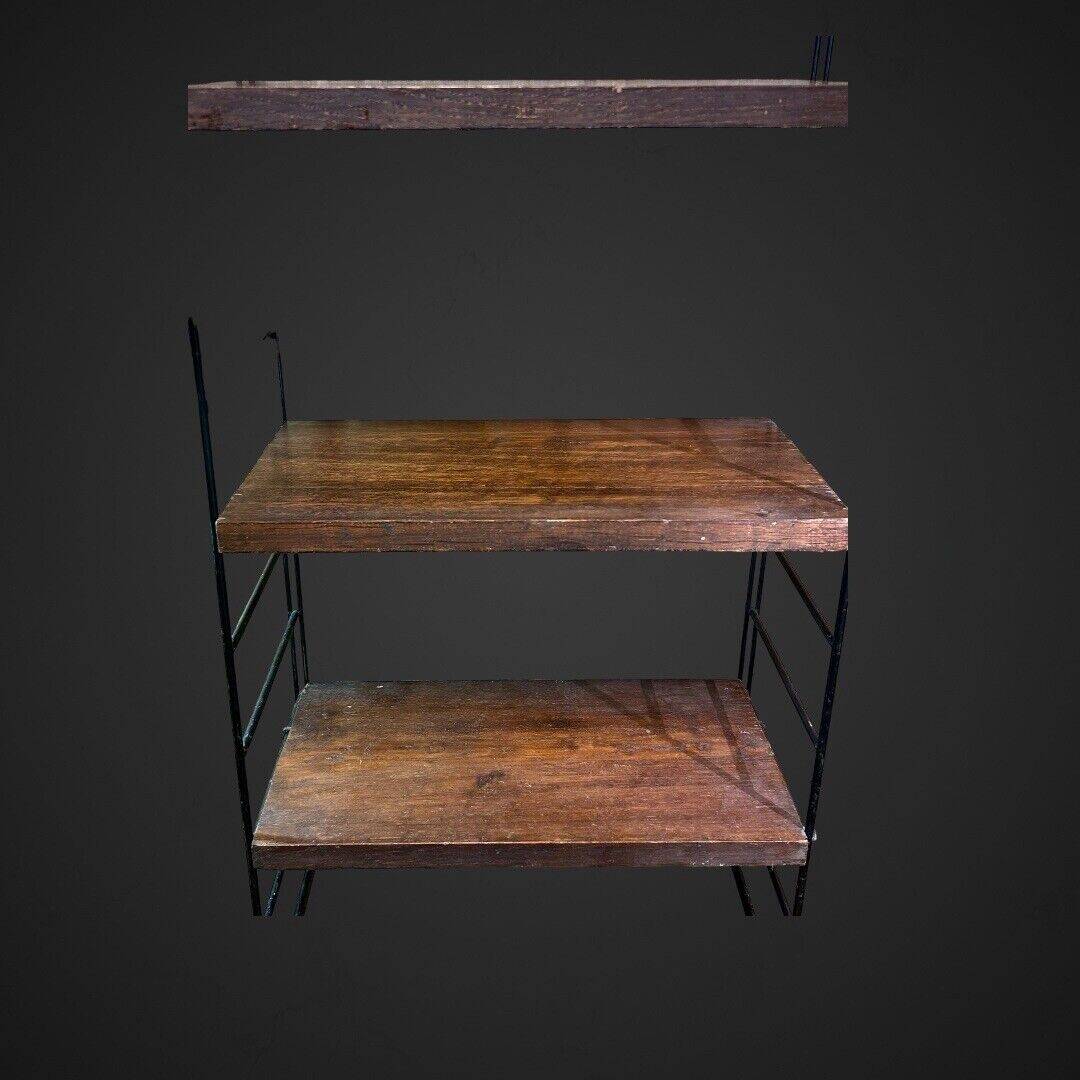 60's string wall shelf black lacquered metal oak, vintage