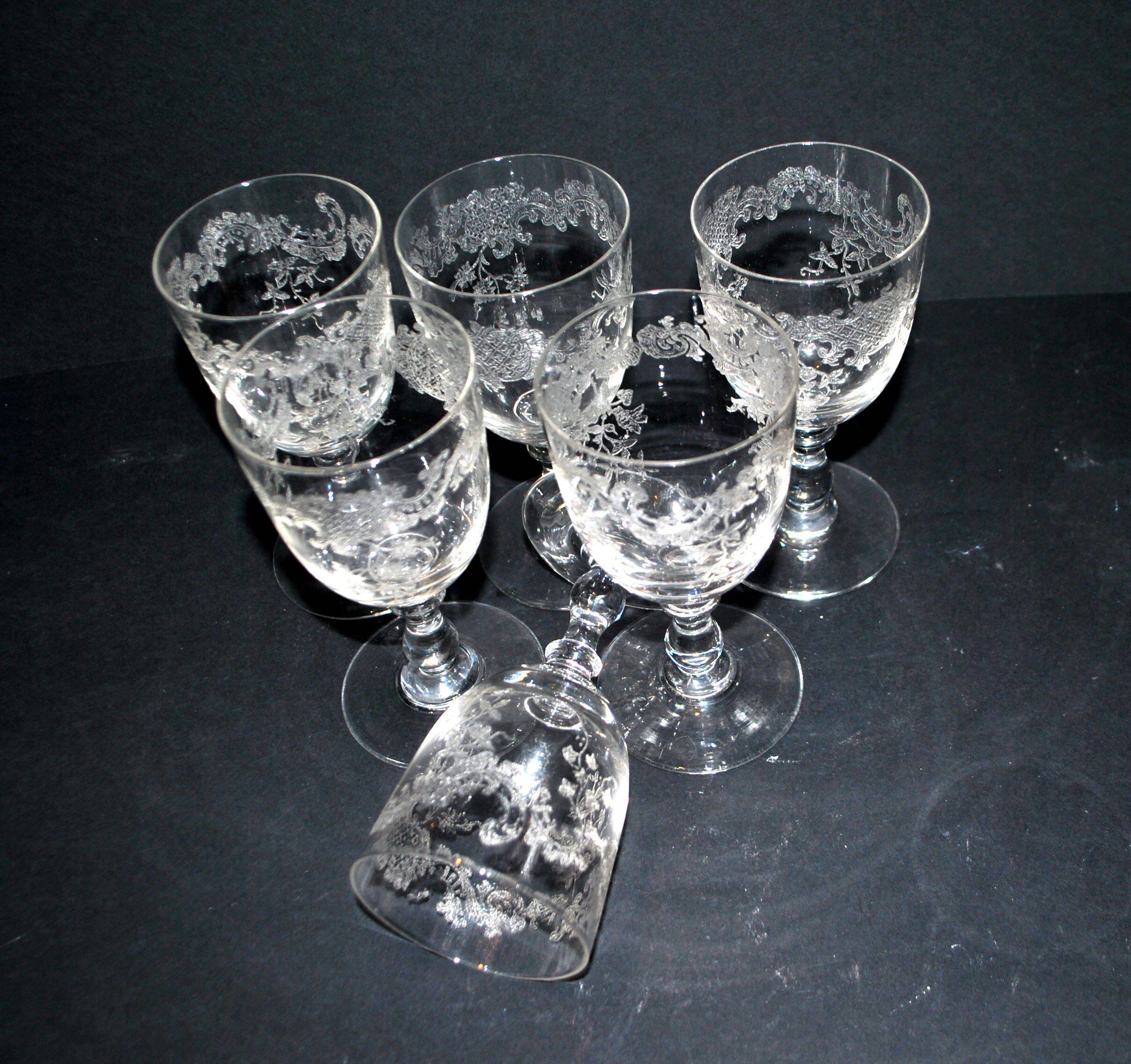 Saint-Louis set of 6 antique glasses with acid-etched rocaille and flower decoration 1920-30