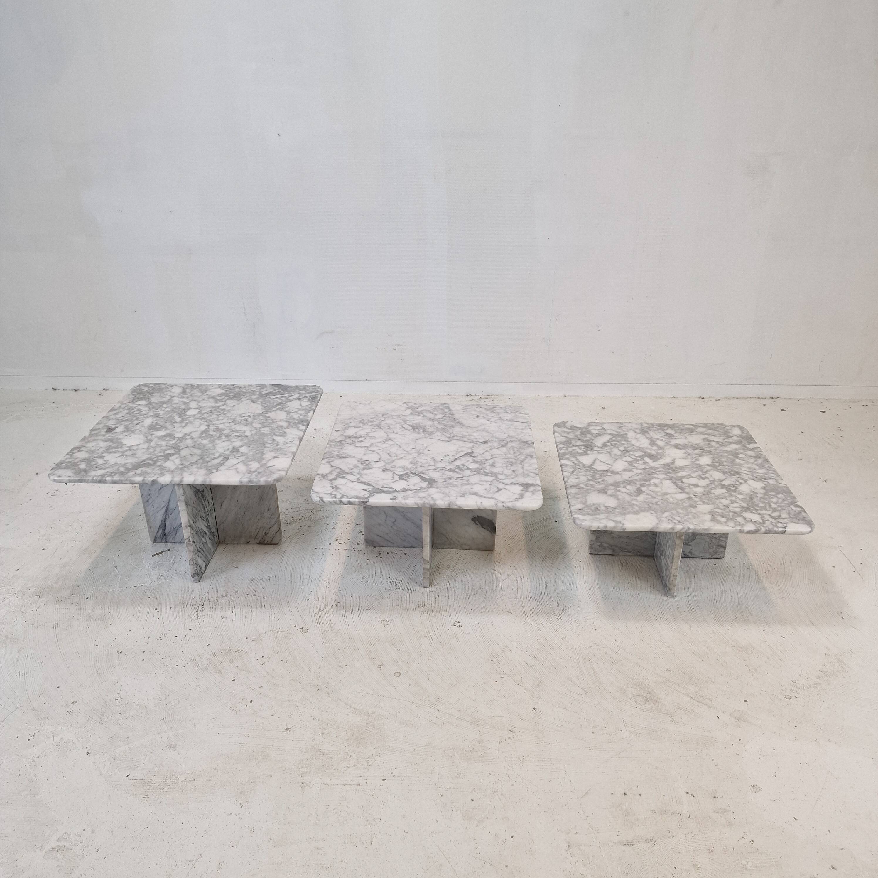 Set of 3 Italian Bianco Carrara Marble Coffee or Side Tables, 1980s