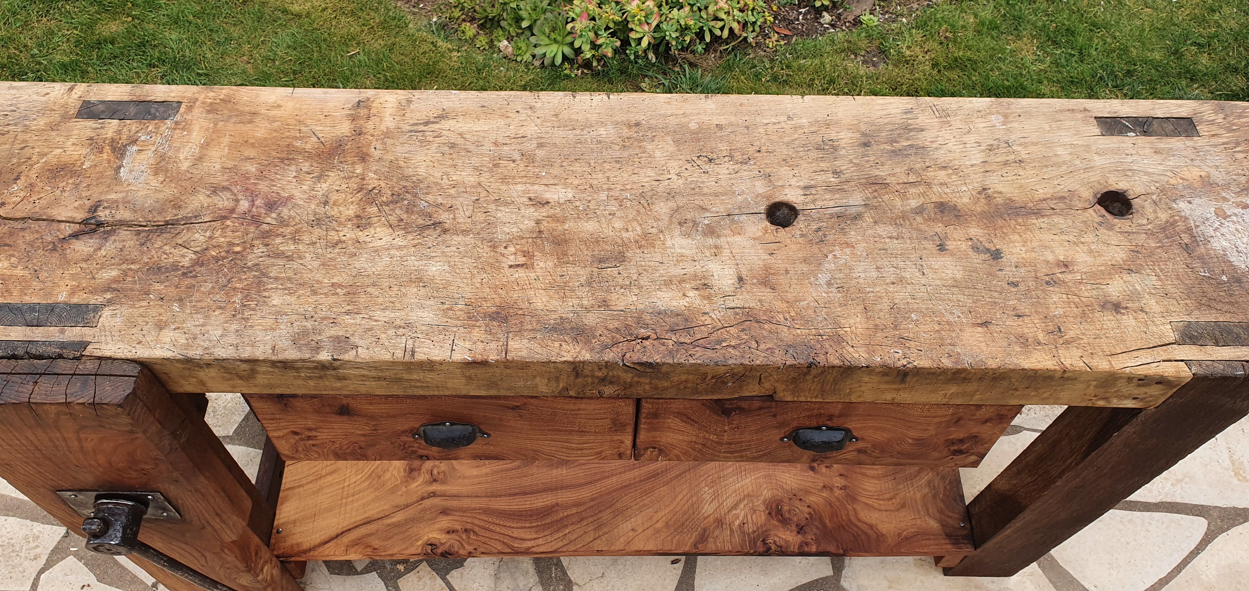 Old elm workbench, elm magnifying glass and oak. Renovated and pampered. 190cm.