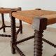 Vintage straw stool in turned wood 50s/60s