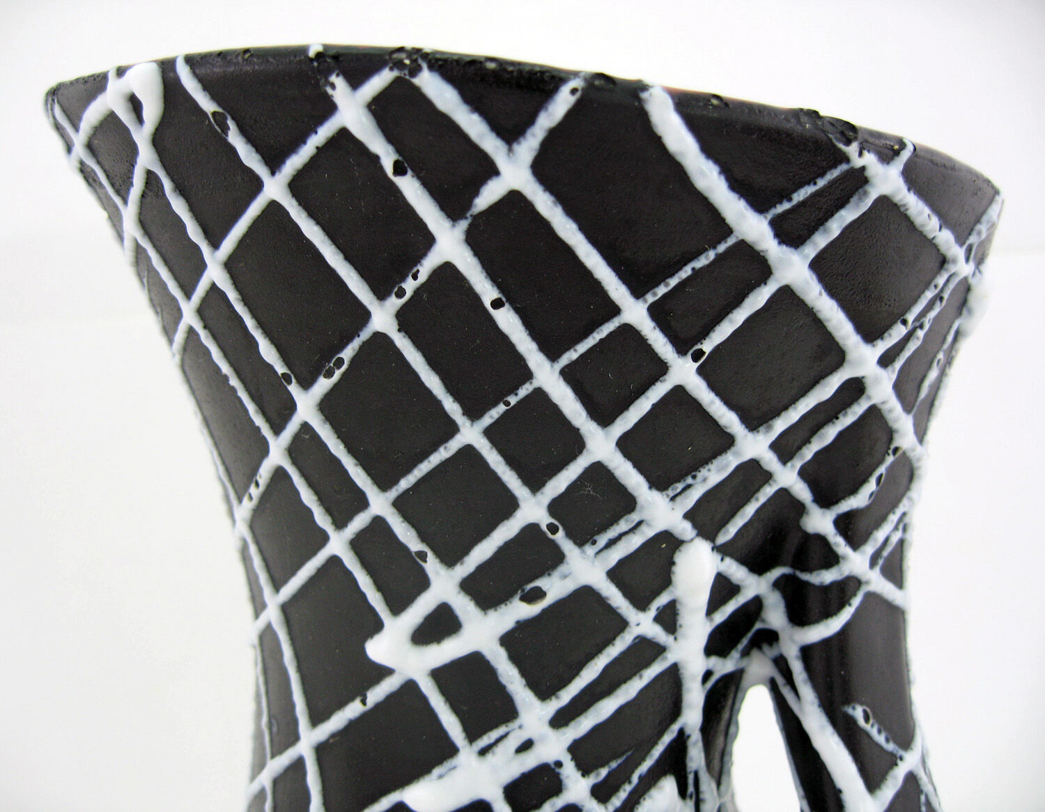 Black ceramic vase, white spaghetti patterns Vallauris France vintage 50s