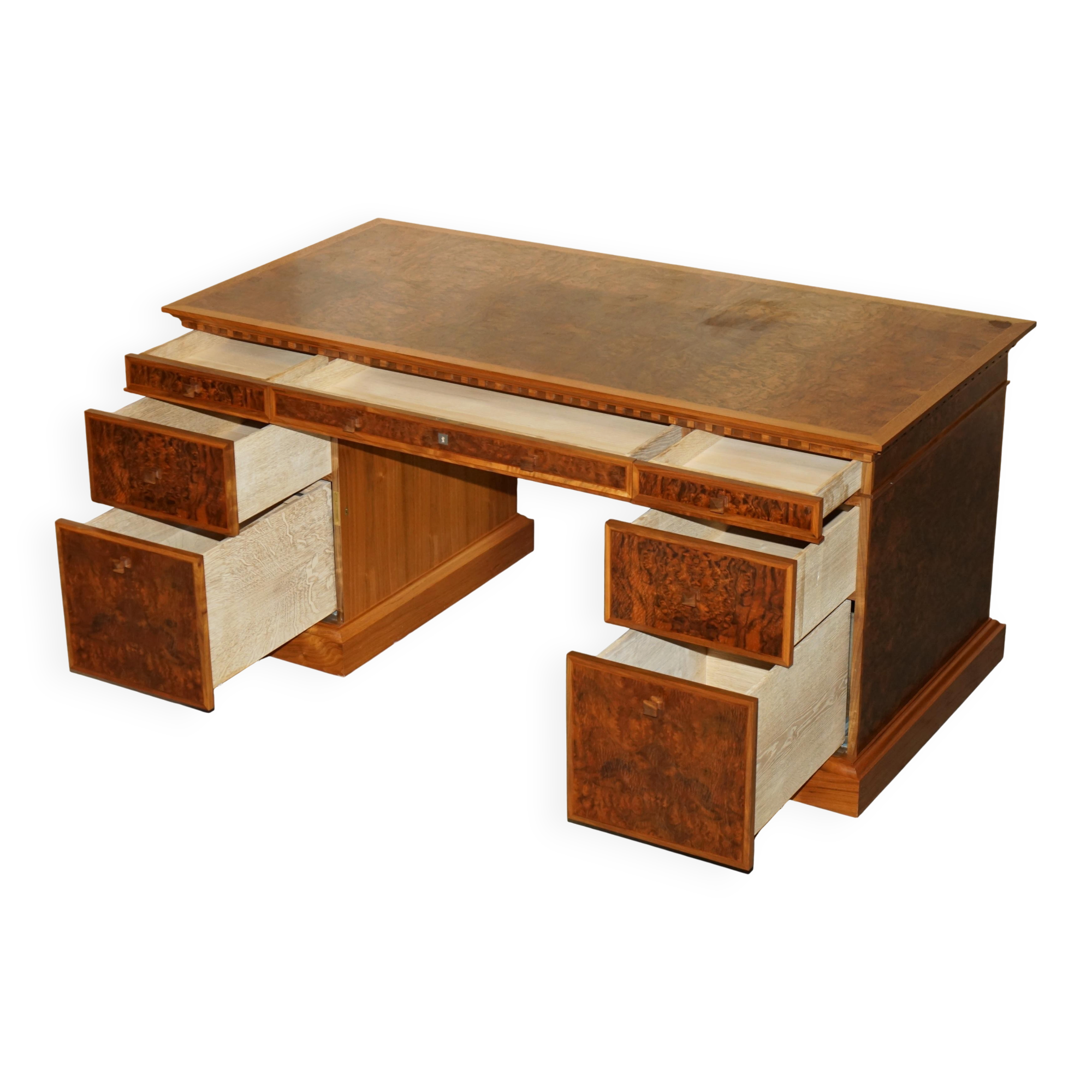 David Linley Burr walnut chest of drawers for light restoration.