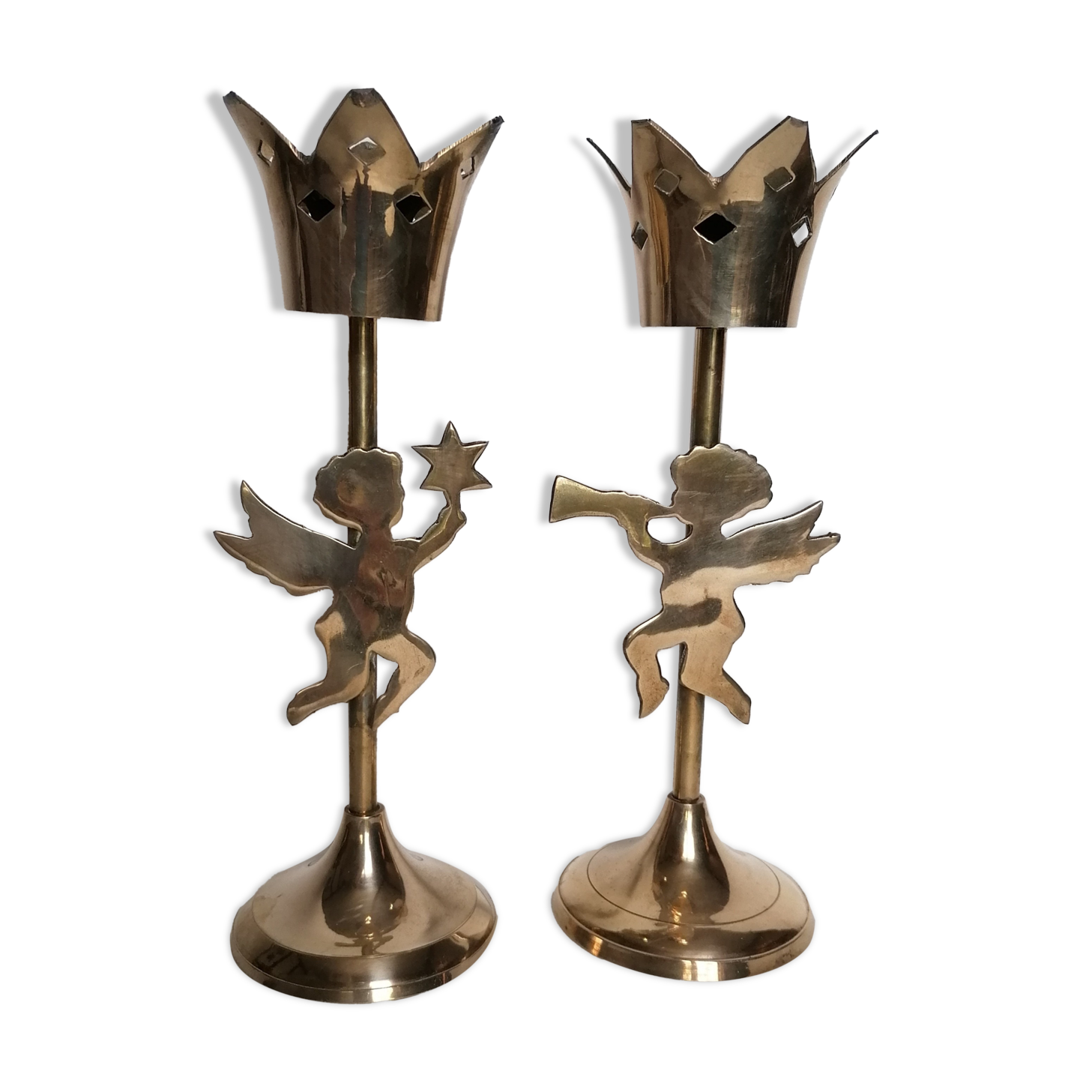 Pair of let'stag candle holders brass angels